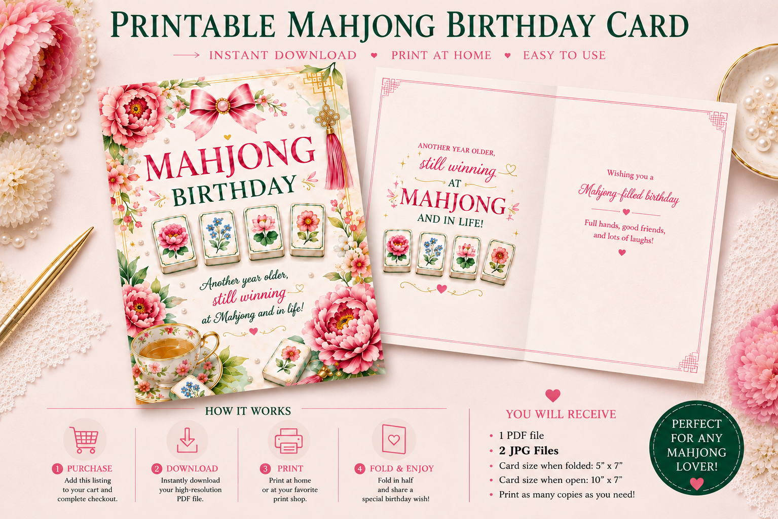 Mahjong Pink Flowers Birthday Card | Retro Flowers, (Digital Download)