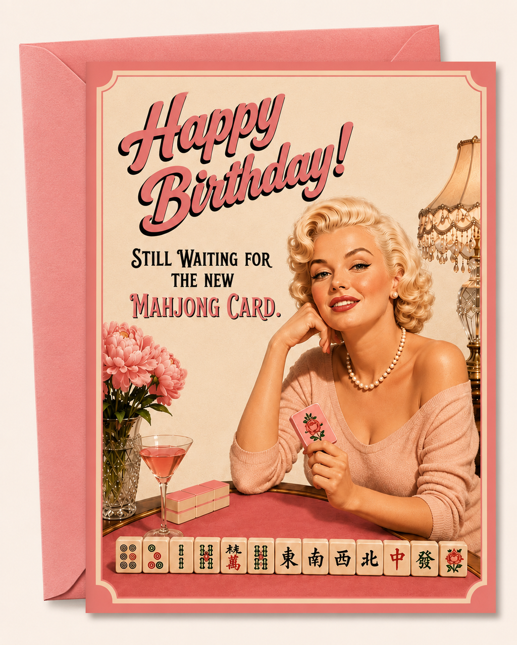 A retro-style birthday greeting card with a pink envelope behind it. The card features a vintage illustration of Marilyn Monroe holding a mahjong card, with the text 'Happy Birthday! Still Waiting for the New Mahjong Card.