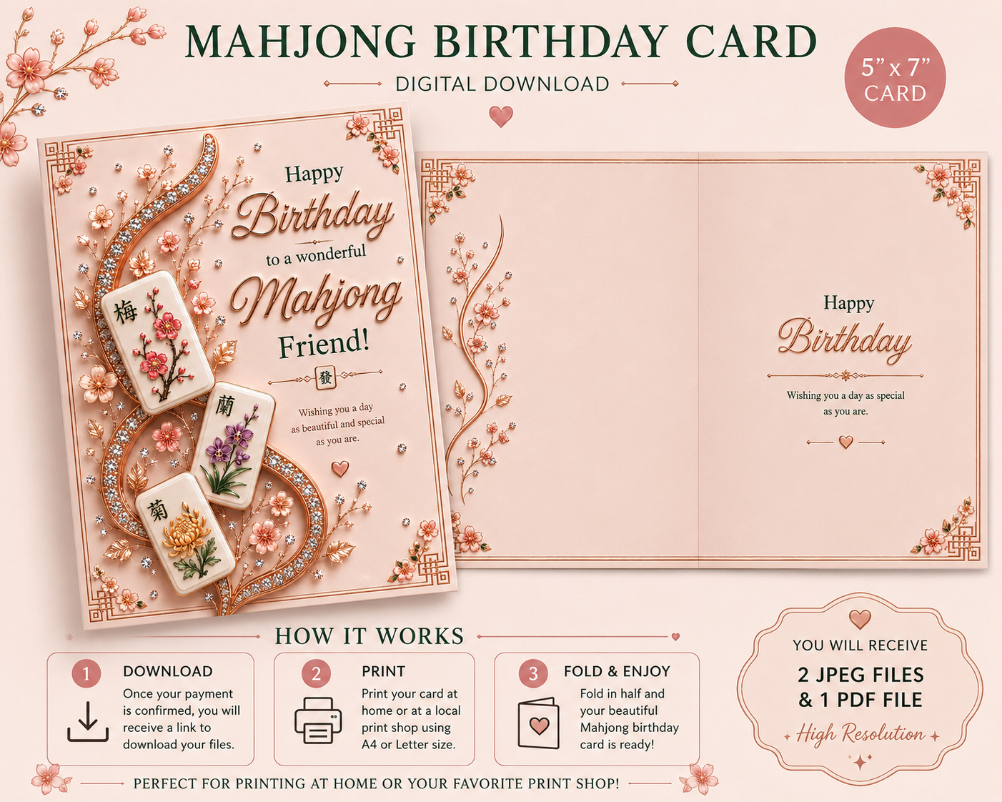 Digital preview of a Mahjong birthday card template in a soft blush pink color, featuring elegant gold foil-style borders, traditional Indian motifs, and a 5x7 inch card layout. The image includes descriptive text, step-by-step instructions, and a badge indicating a 5x7 inch card.
