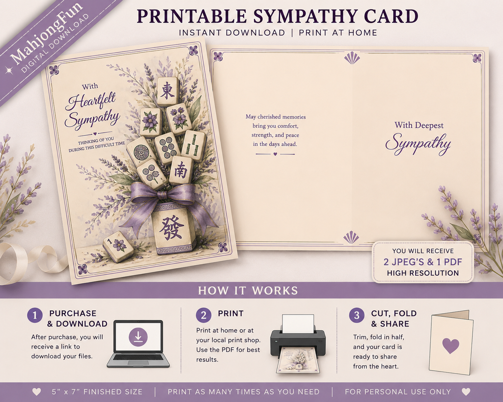 A digital product listing graphic for a printable sympathy card set. The top section shows the front and back of a cream-colored card with lavender illustrations, purple text, and a decorative ribbon motif.