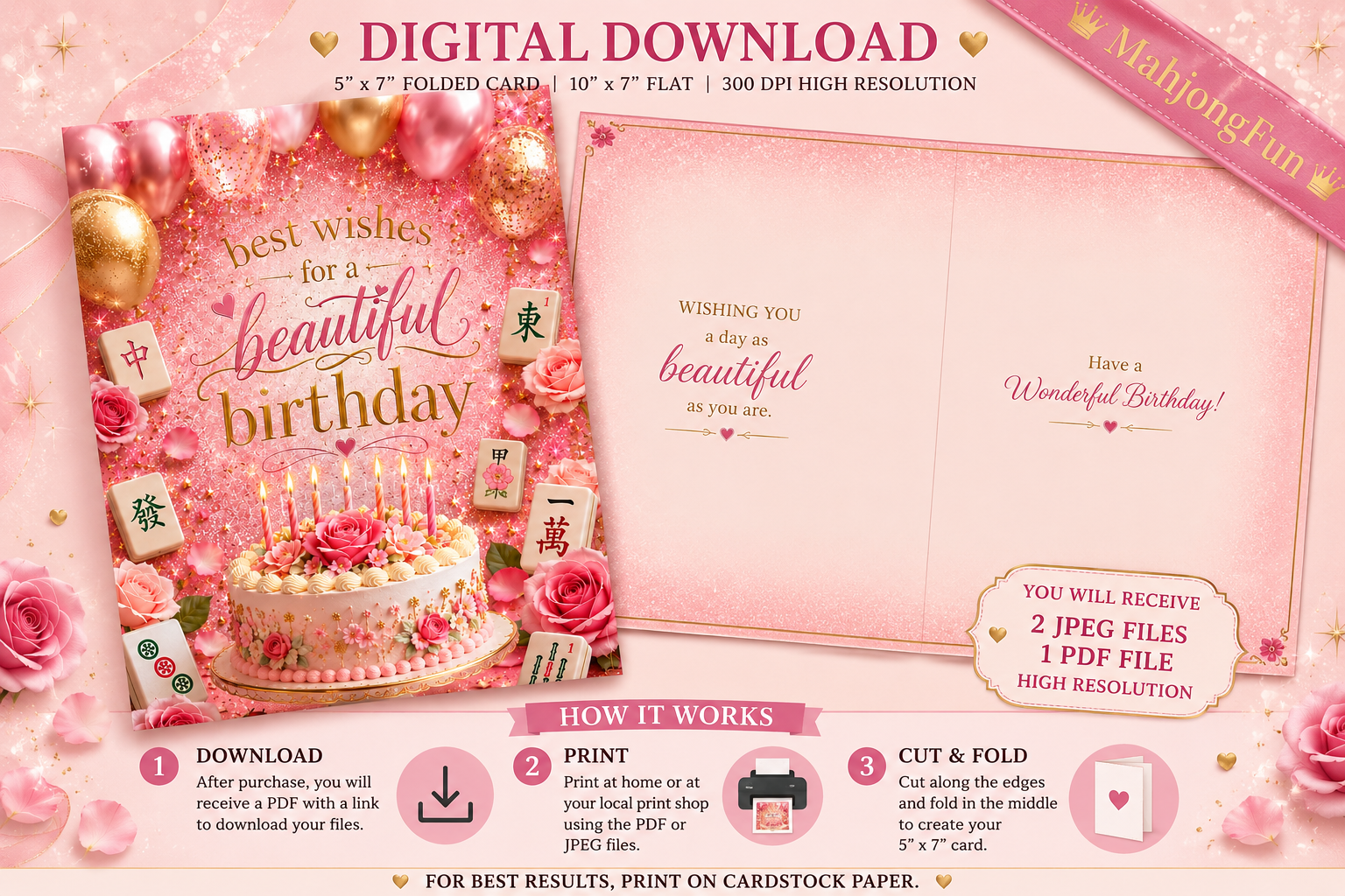 Digital download template for a pink birthday greeting card set, showing a folded card and flat layout with roses, candles, and Japanese tiles, with text indicating 5" x 7" folded card, 10" x 7" flat, 300 DPI high resolution.