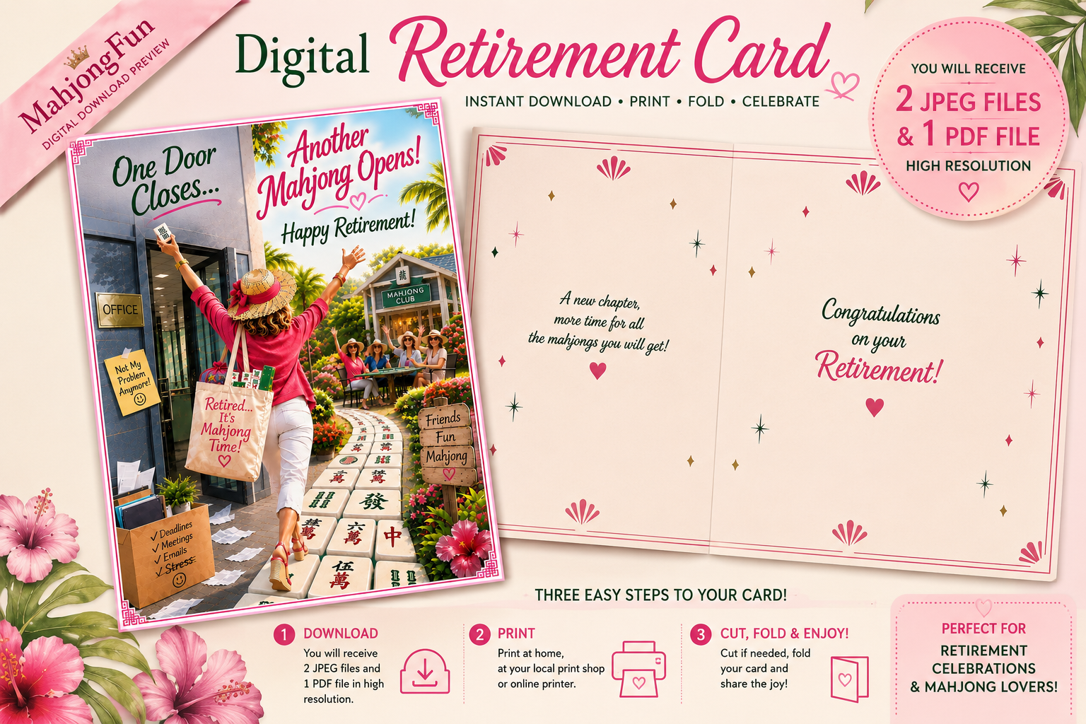 Digital retirement card design template shown as a printed card mockup and an interior layout preview on a pink floral background. Text highlights instant download, print, fold, and celebrate options, with decorative flowers and icons around the layout.