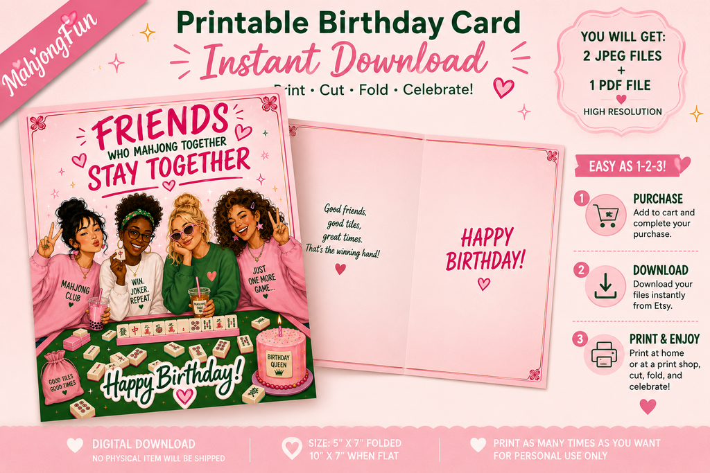 A promotional graphic for a printable birthday card template. The design shows a pink folded card with cartoon illustrations of four friends and the text 'FRIENDS WHO ARE MANLOING TOGETHER STAY TOGETHER' on the front, and 'HAPPY BIRTHDAY!' on the inside.
