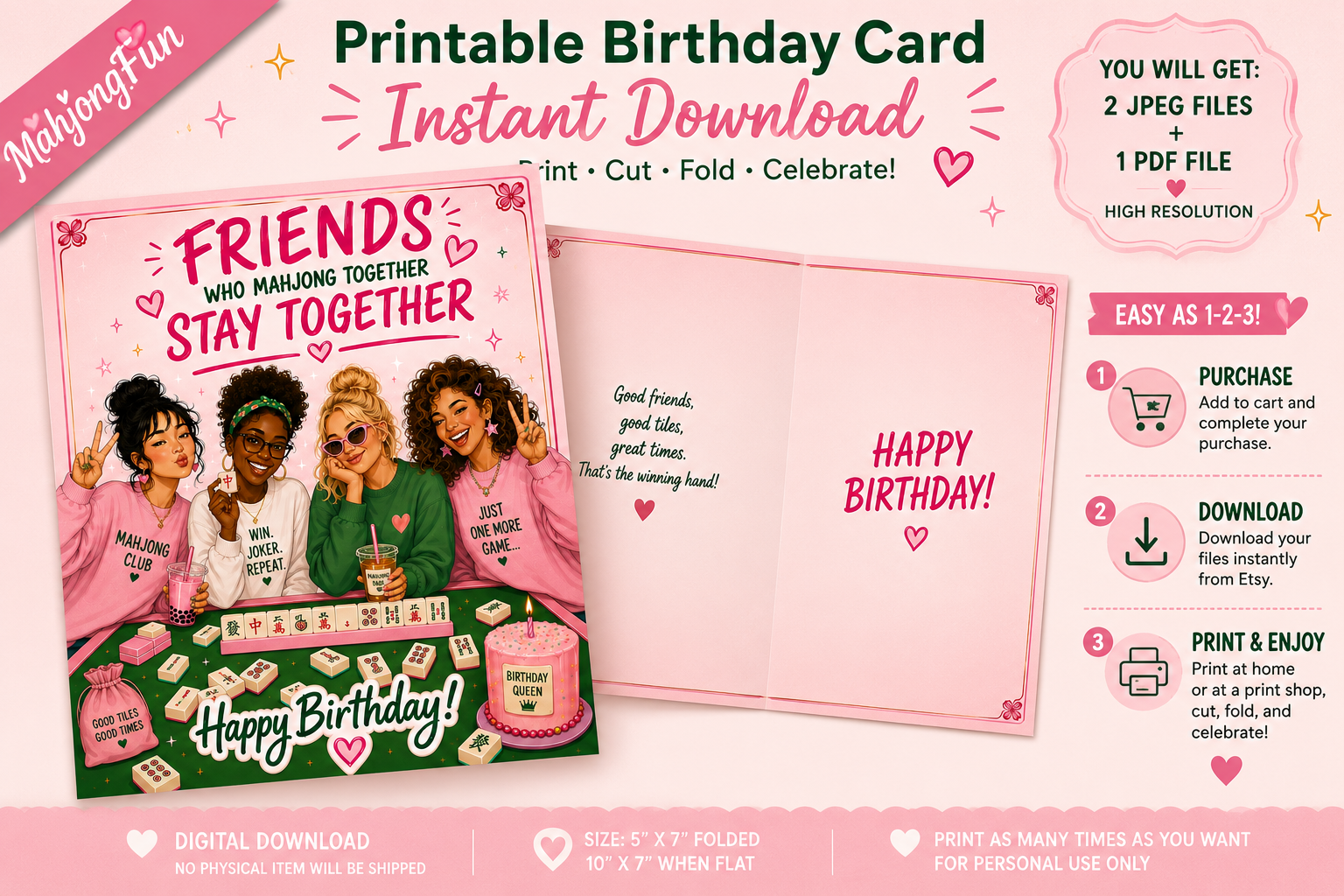 A promotional graphic for a printable birthday card template. The design shows a pink folded card with cartoon illustrations of four friends and the text 'FRIENDS WHO ARE MANLOING TOGETHER STAY TOGETHER' on the front, and 'HAPPY BIRTHDAY!' on the inside.