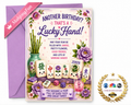 A birthday card and matching purple envelope shown on a white background. The card reads 'ANOTHER BIRTHDAY? THAT'S A Lucky Hand!' with floral and mahjong-inspired artwork, including playing cards, flowers, and a pink ribbon banner.