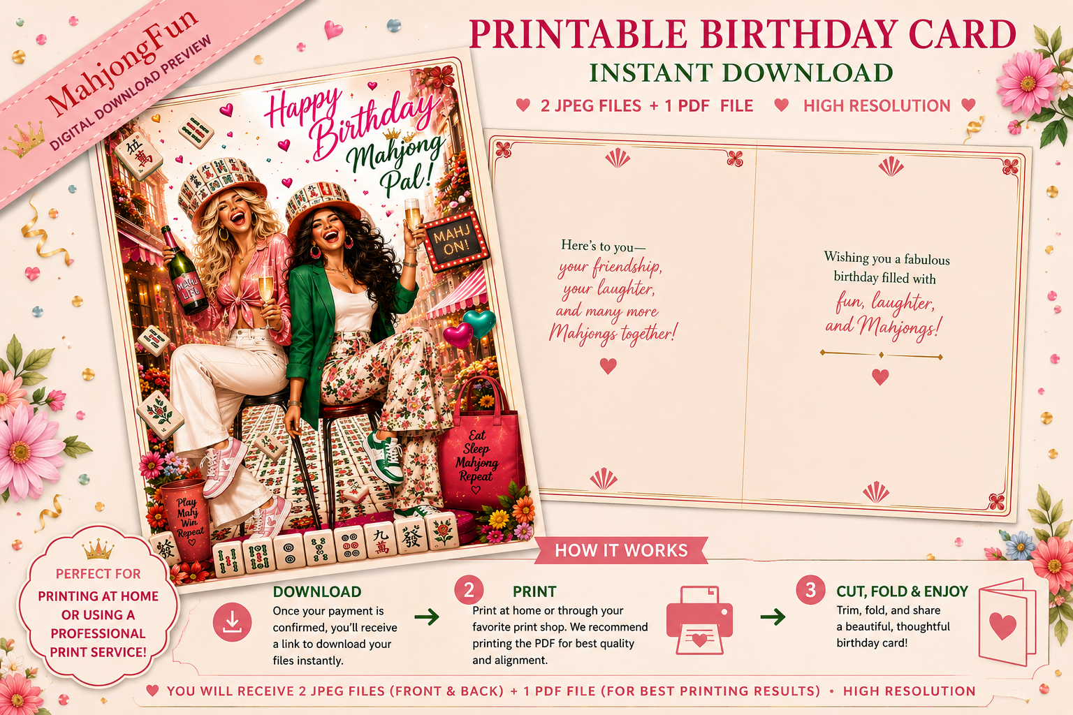 A promotional graphic for a printable instant download birthday card template. The design shows a pink floral layout with an example front and back card layout, text reading 'Printable Birthday Card Instant Download,' and step-by-step instructions on how to download, print, and fold the card.