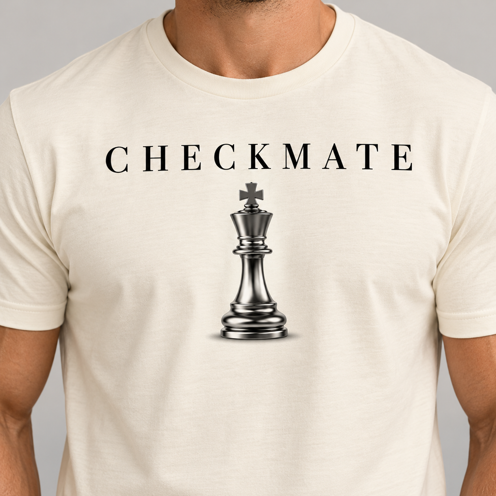 A man wearing a cream-colored t-shirt with a black graphic print that reads 'CHECKMATE' above a metallic chess king piece.