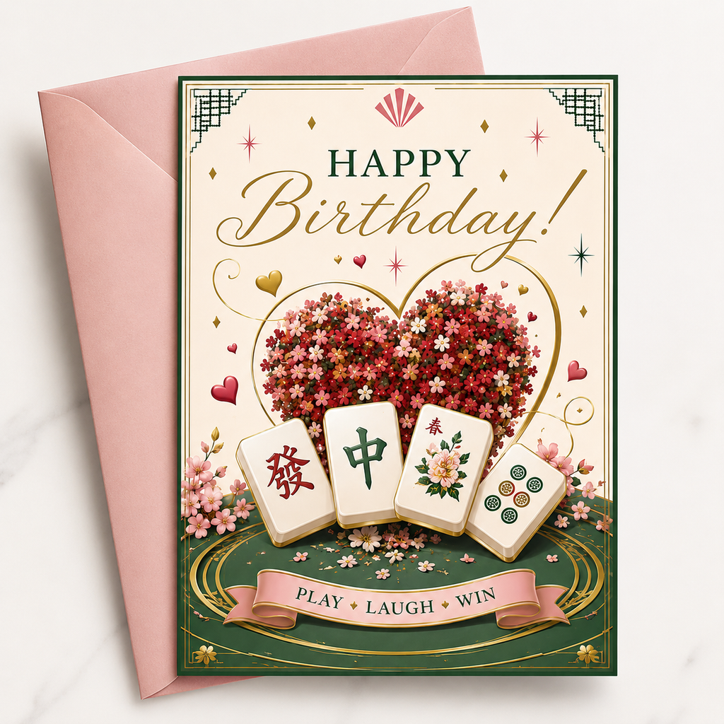 Mahjong themed Birthday card with Mahjong tiles and red flowers in a heart shape, featuring a pink envelope. With the slogan play, laugh and win.