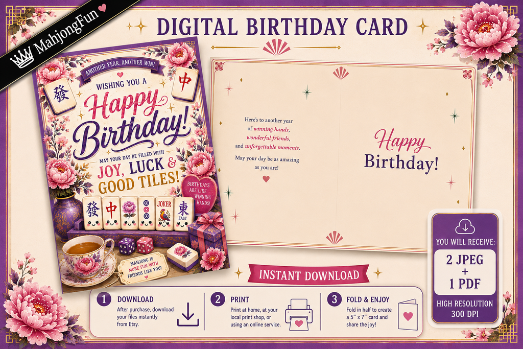 Digital birthday card template preview with decorative floral borders, a sample front design, and a sample back design. Text reads 'DIGITAL BIRTHDAY CARD' and includes download/print/fold instructions and file format badges.