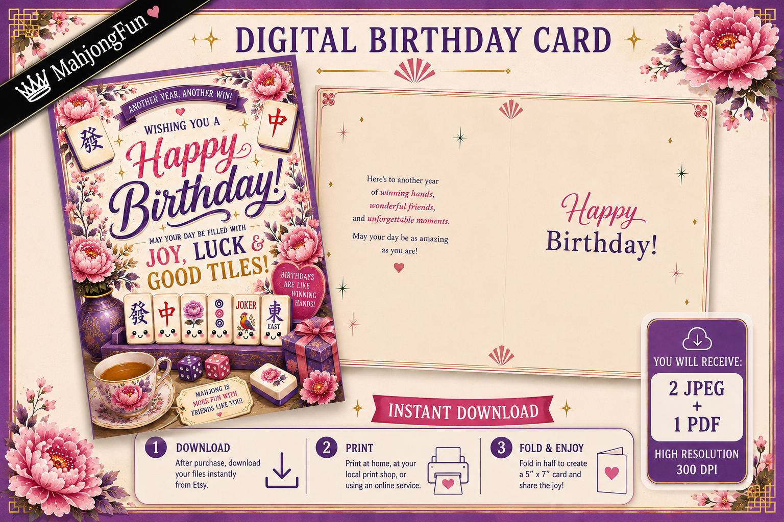 Digital birthday card template preview with decorative floral borders, a sample front design, and a sample back design. Text reads 'DIGITAL BIRTHDAY CARD' and includes download/print/fold instructions and file format badges.