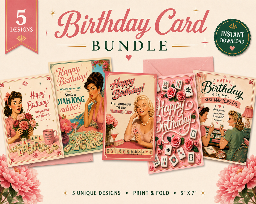 A promotional graphic for a 'Birthday Card Bundle' showing five retro-style printed and fold greeting cards with vintage illustrations and pink tones, plus text badges reading '5 Designs', 'Instant Download', and '5 Unique Designs • Print & Fold • 5" x 7"'.