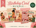 A promotional graphic for a 'Birthday Card Bundle' showing five retro-style printed and fold greeting cards with vintage illustrations and pink tones, plus text badges reading '5 Designs', 'Instant Download', and '5 Unique Designs • Print & Fold • 5" x 7"'.