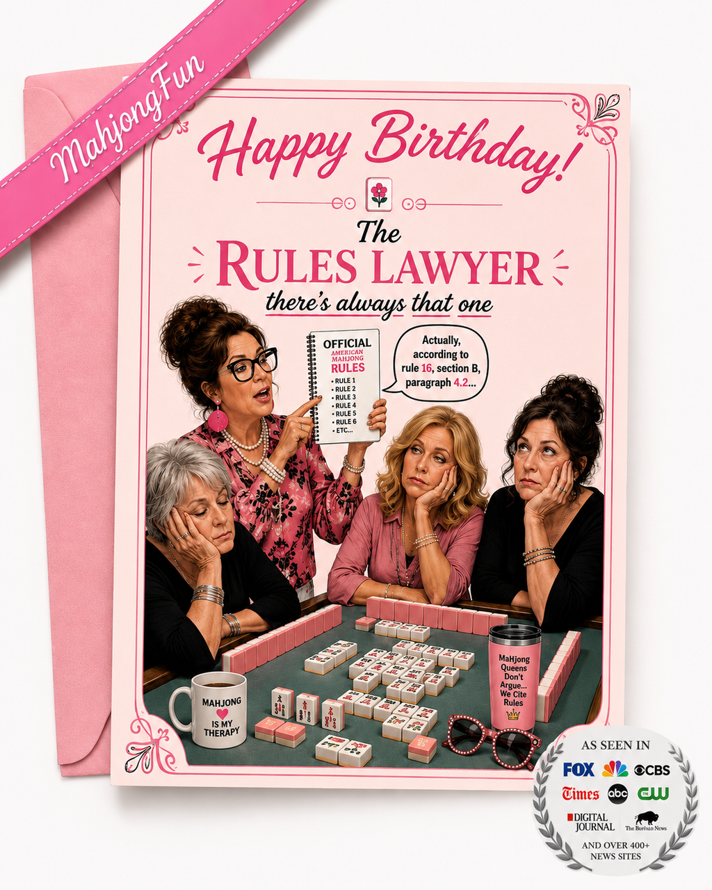 A pink birthday card featuring a photo of the iconic 'The Rules Lawyer' women playing mahjong, with bold pink and red text. The card is displayed with a matching pink envelope, and a pink ribbon banner reading 'Mahjong Fun' is draped across the top left.