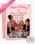 A pink birthday card featuring a photo of the iconic 'The Rules Lawyer' women playing mahjong, with bold pink and red text. The card is displayed with a matching pink envelope, and a pink ribbon banner reading 'Mahjong Fun' is draped across the top left.