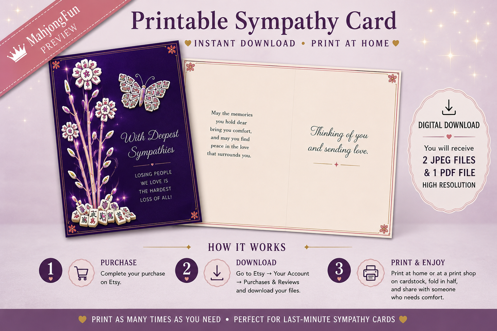 A promotional graphic for a printable sympathy card set, showing a purple floral card cover, an open cream interior layout with sympathy message text, and marketing callouts for digital download, instant download, print at home, and purchase steps. The design includes decorative text and icons on a light lavender background.
