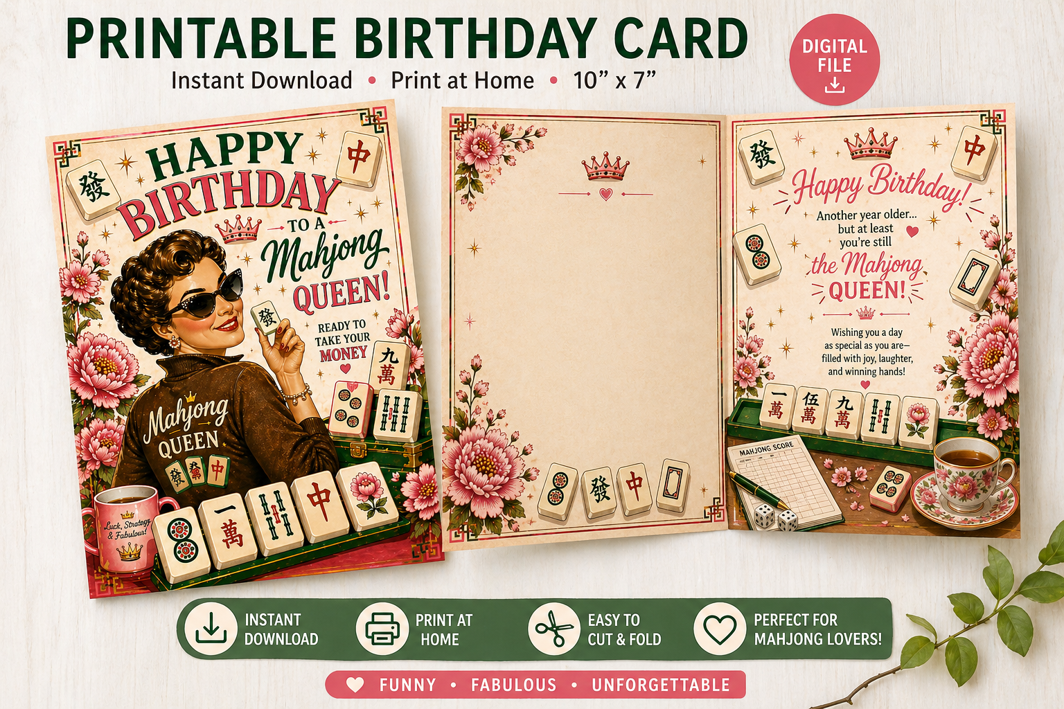 A digital preview of a printable birthday card template featuring a retro mahjong theme. The design includes a vintage illustration of a woman wearing sunglasses and holding a mahjong tile, surrounded by pink roses and mahjong tiles.