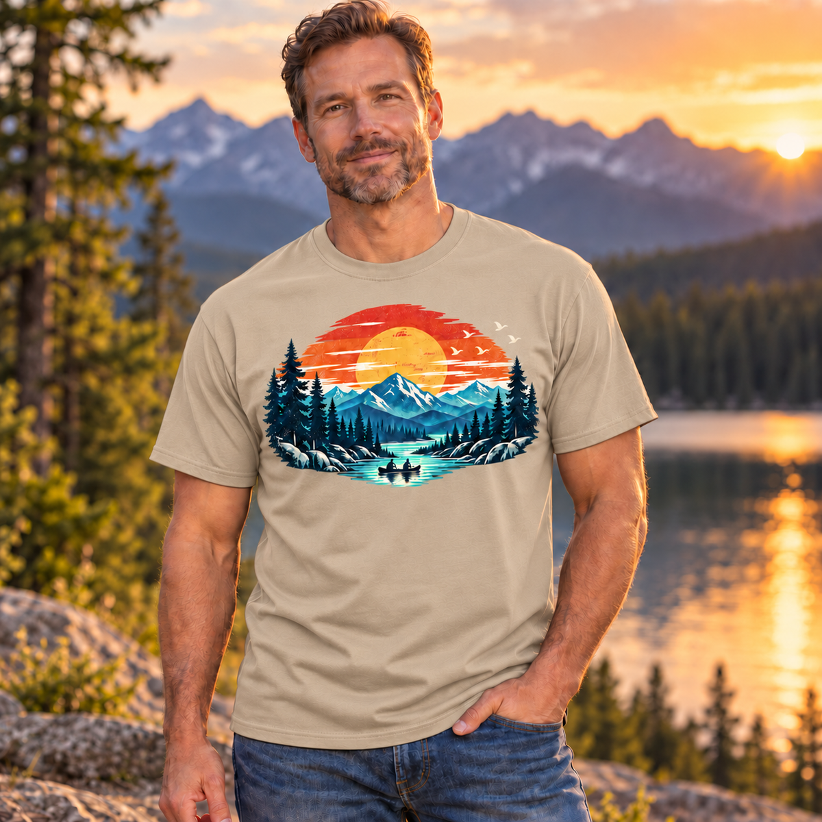 This classic sand colored cotton T-shirt features a vivid sunset landscape with snowcapped peaks, towering evergreens, reflective blue water, and two paddlers enjoying the stillness of the lake.