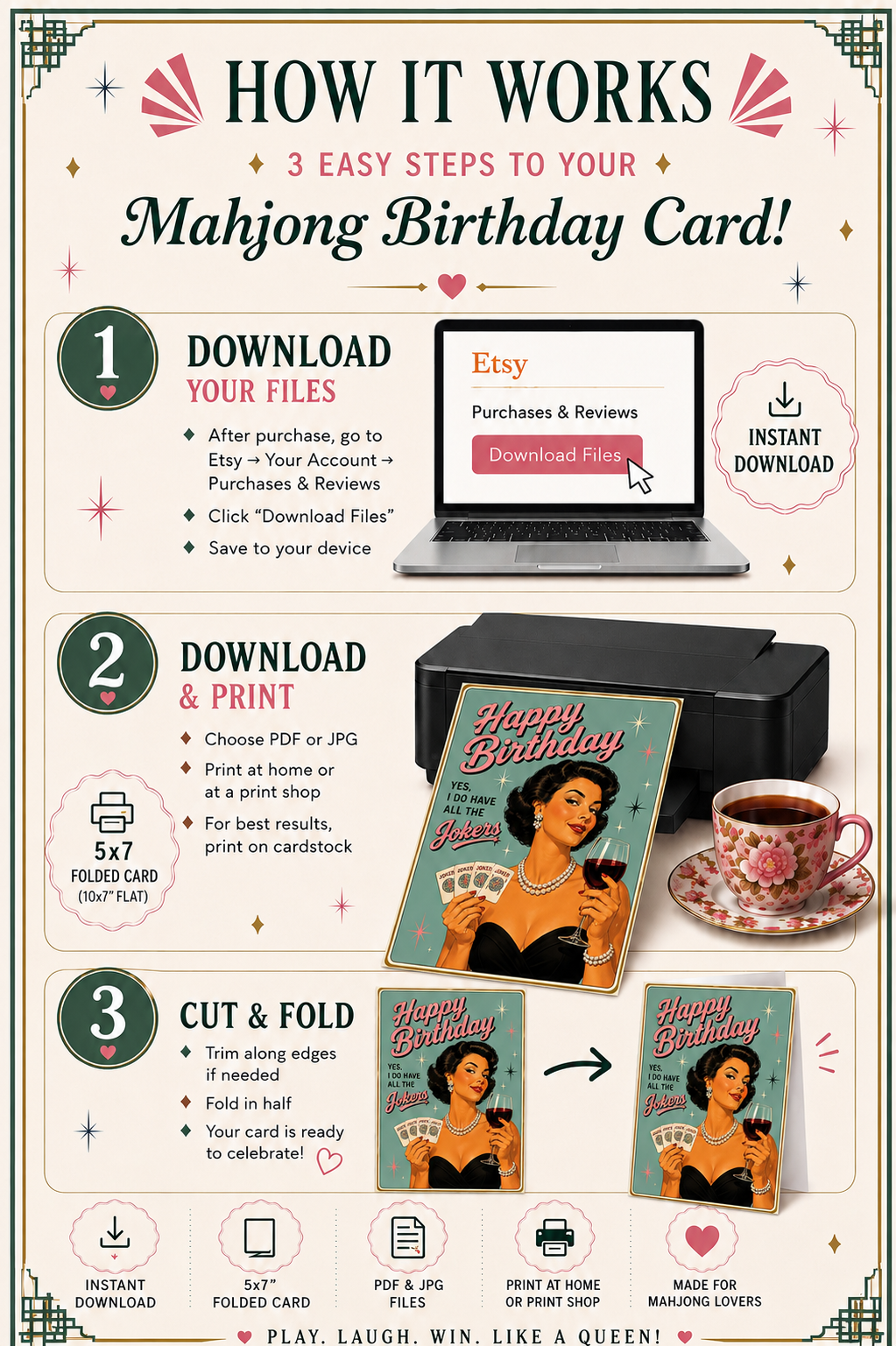Mahjong Queen Birthday Card Printable |Mahjong Retro Joker Queen | Retro 1950s Pin-Up Birthday Card | Instant Digital Download (Copy) (Copy)