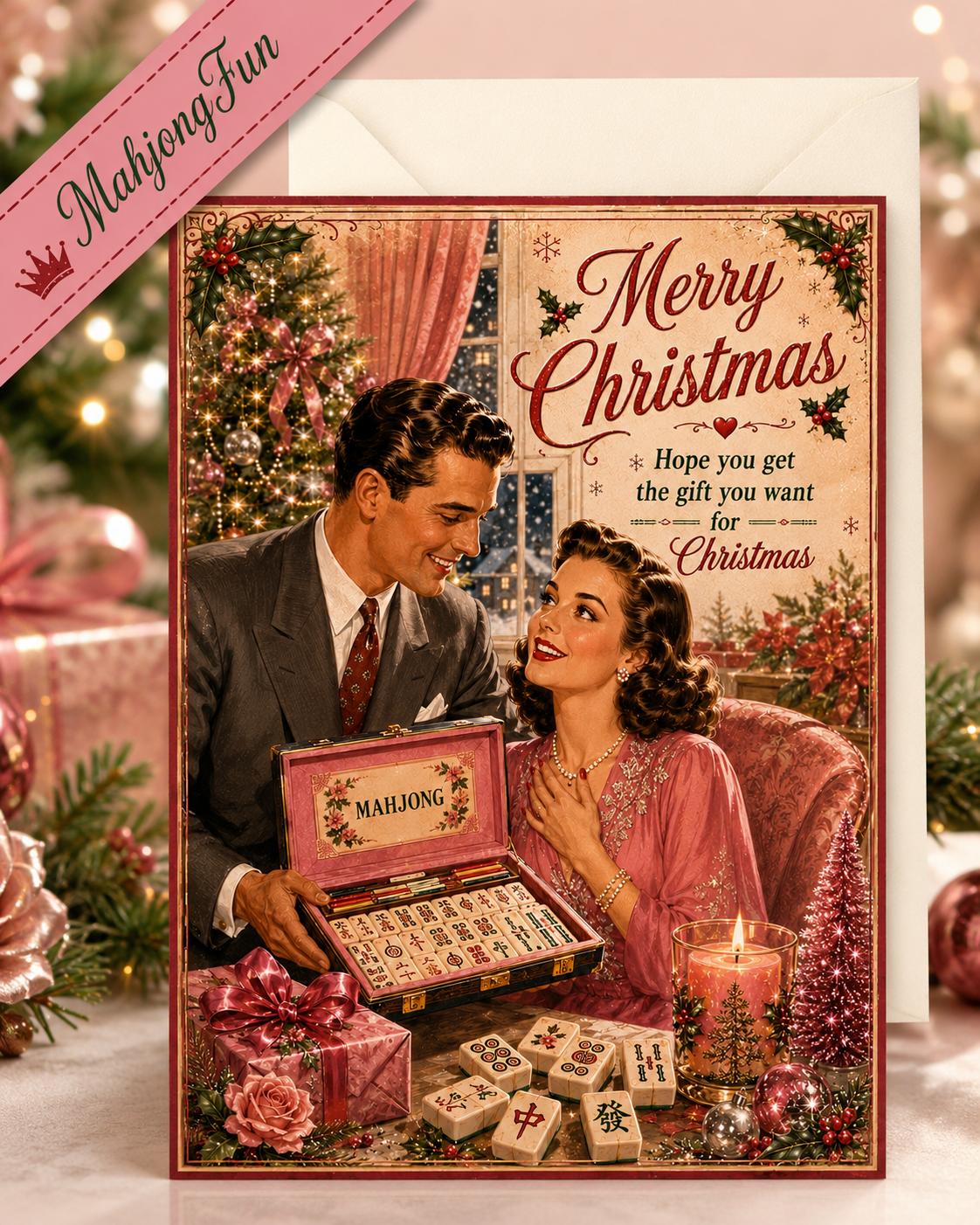A festive Christmas greeting card featuring a retro illustration of a man and woman around mahjong tiles, with the text 'Merry Christmas' and 'Hope you get the gift you want for Christmas.' The card is shown with a white envelope against a softly blurred holiday background with lights, ornaments, and wrapped gifts.