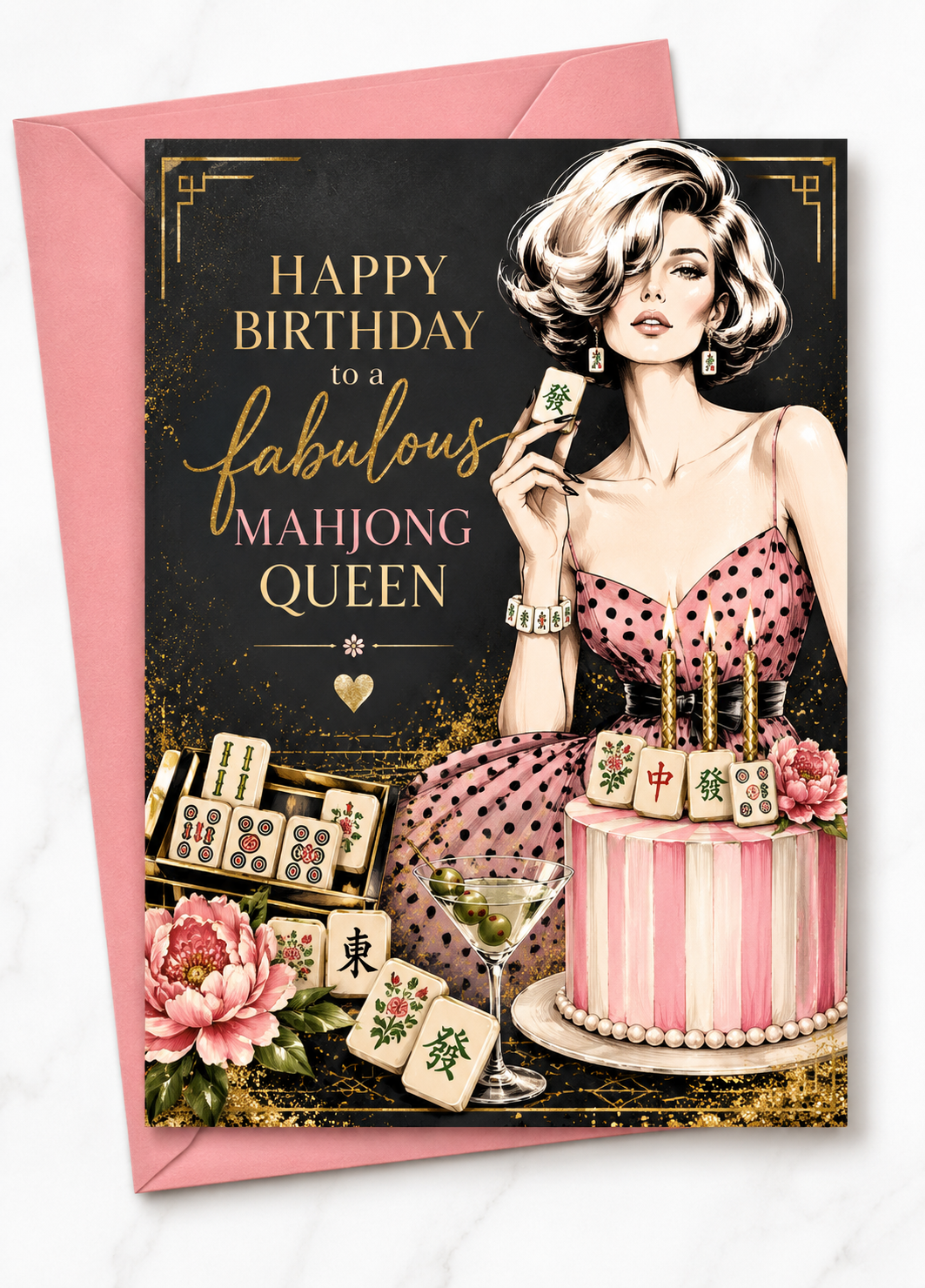 Mahjong Queen Birthday Card, Art Deco Style, Elegant Mahjong Gift (Digital Download)