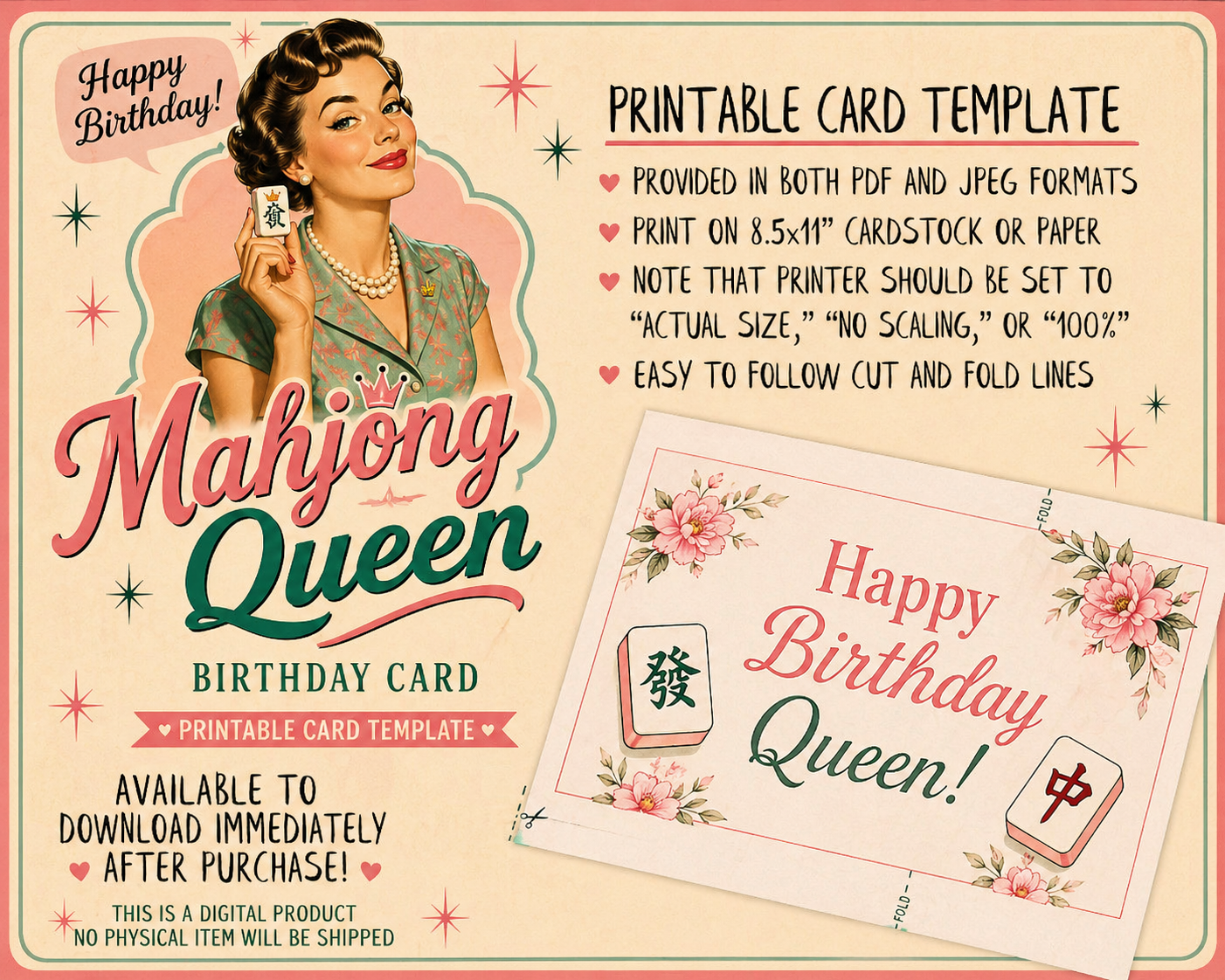 Mahjong Queen Birthday Card Printable: Retro 1950s Style (Digital Download)