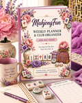 A styled flat-lay of the 'MahjongFun Weekly Planner & Club Organizer 2026-2027 Edition' on a white surface, surrounded by a pink floral vase, a pink mug, a gold pen, a scorecard, and dice.