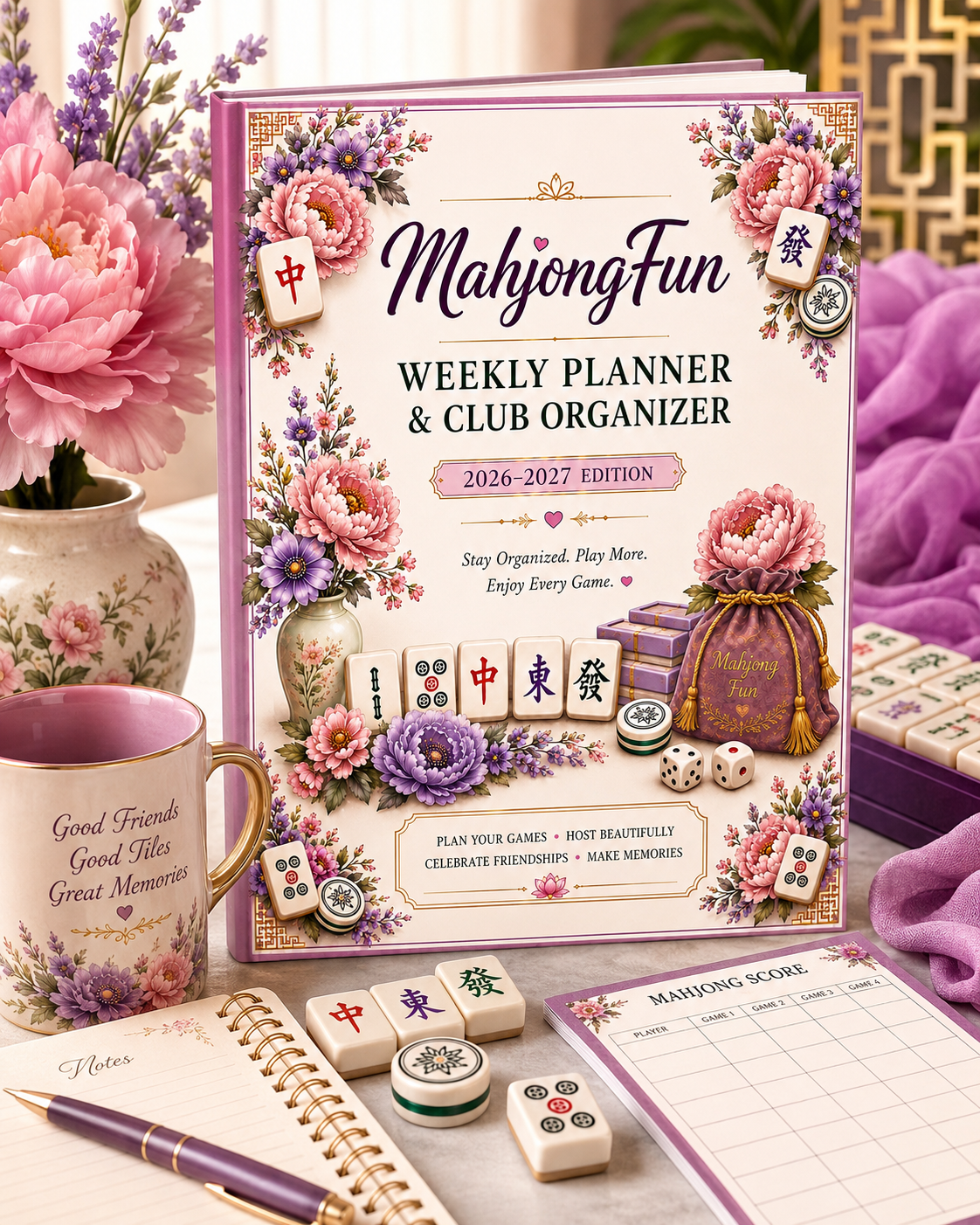 A styled flat-lay of the 'MahjongFun Weekly Planner & Club Organizer 2026-2027 Edition' on a white surface, surrounded by a pink floral vase, a pink mug, a gold pen, a scorecard, and dice.