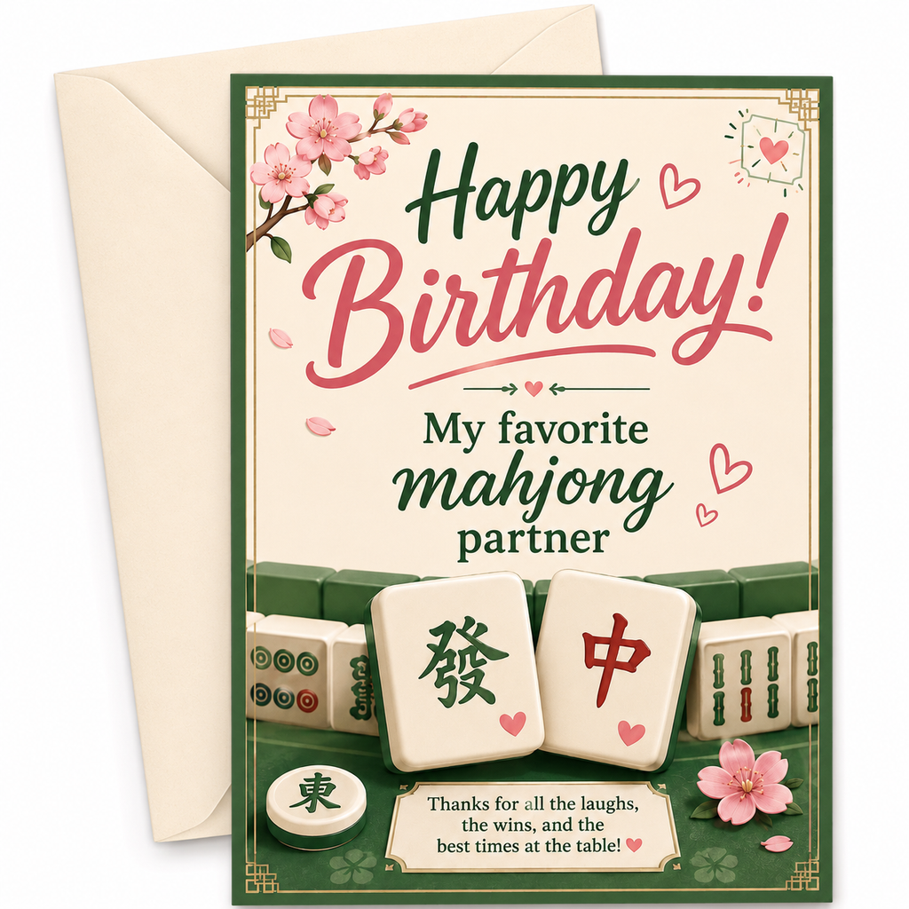 Happy Birthday Digital Card to my favorite mahjong partner. Mahjong Themed Card with tiles and pink colors