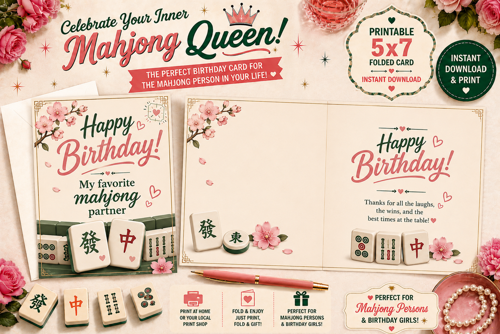 Birthday card for a Mahjong enthusiast with decorative elements and text and mahjong tiles.