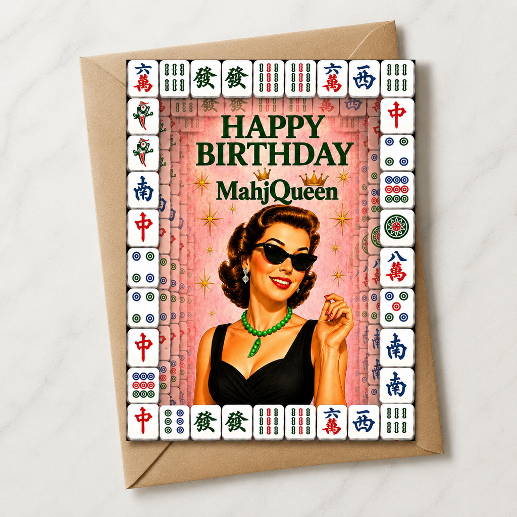 A square birthday card with a kraft envelope, featuring a retro-style illustration of a woman in sunglasses and a green necklace, surrounded by mahjong tiles, with the text 'HAPPY BIRTHDAY MahjQueen'.