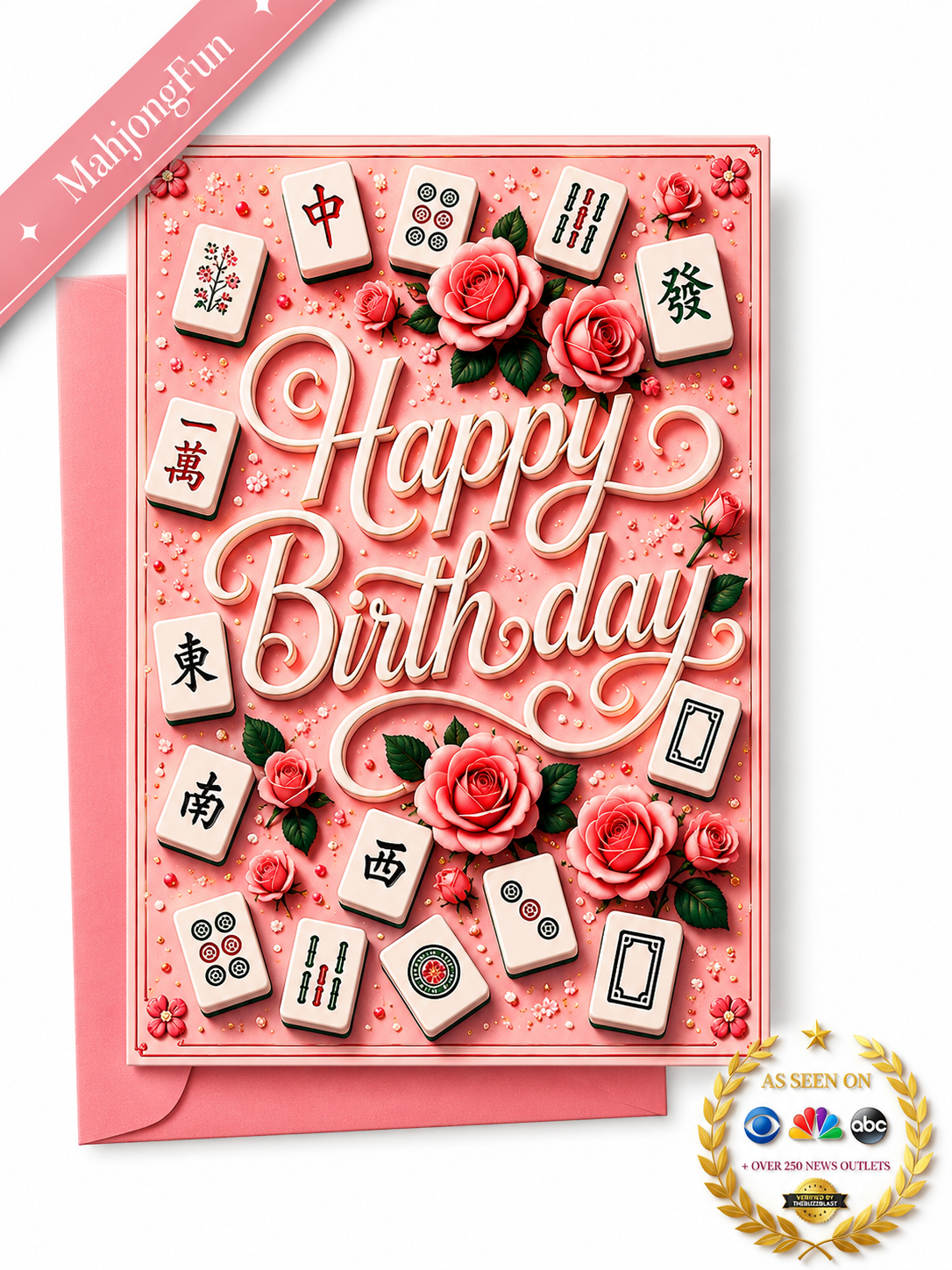 A pink 3D papercraft birthday card featuring mahjong tiles and pink roses, with a pink envelope behind it. A pink ribbon in the top left corner reads 'MahjongFun', and a gold 'As Seen on NBC' logo is in the bottom right corner.