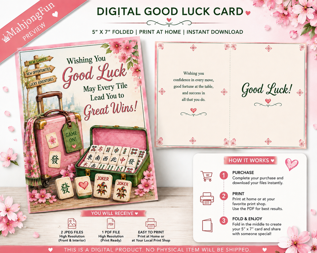 Digital Good Luck Card template preview by MahjongFun, showing a pink and gold card design with illustrations of a suitcase, dice, and playing cards, alongside instructions on how to print and fold the card.