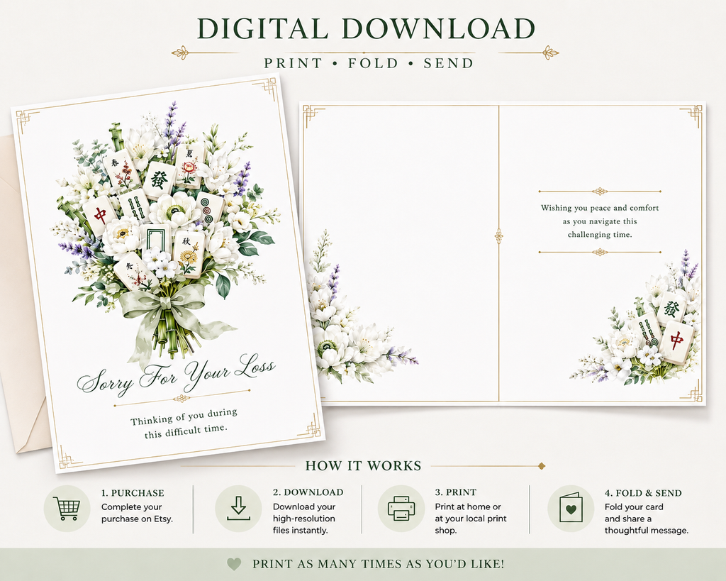 Digital download card with white floral design and text on a white background with mahjong tiles for a mahjong themed card.