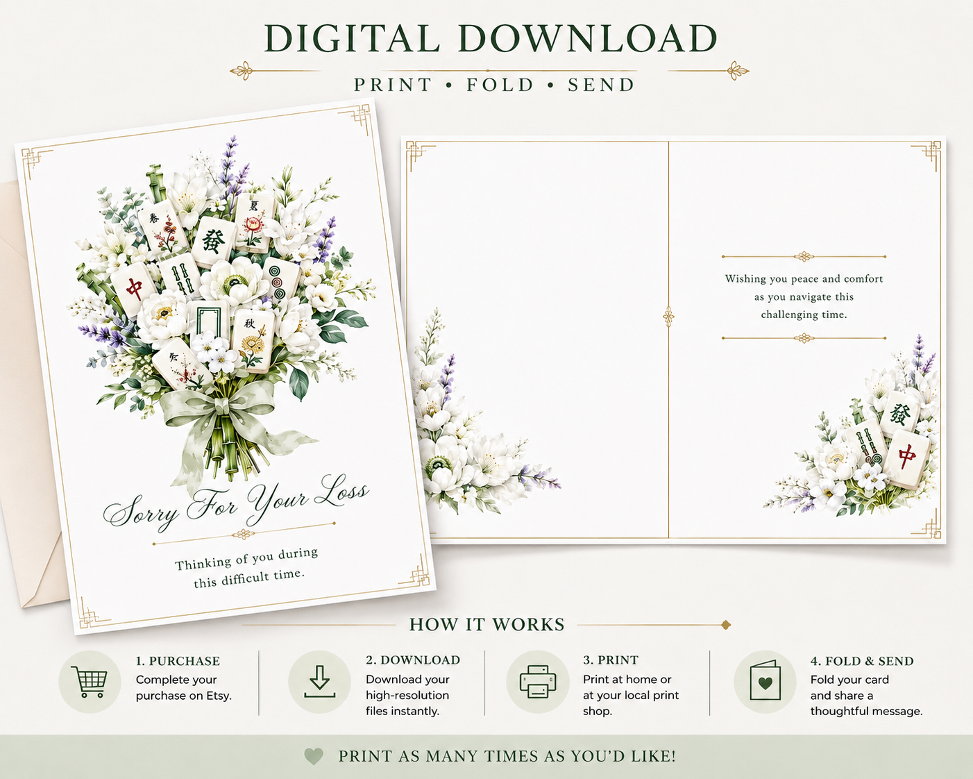 Digital download card with white floral design and text on a white background with mahjong tiles for a mahjong themed card.