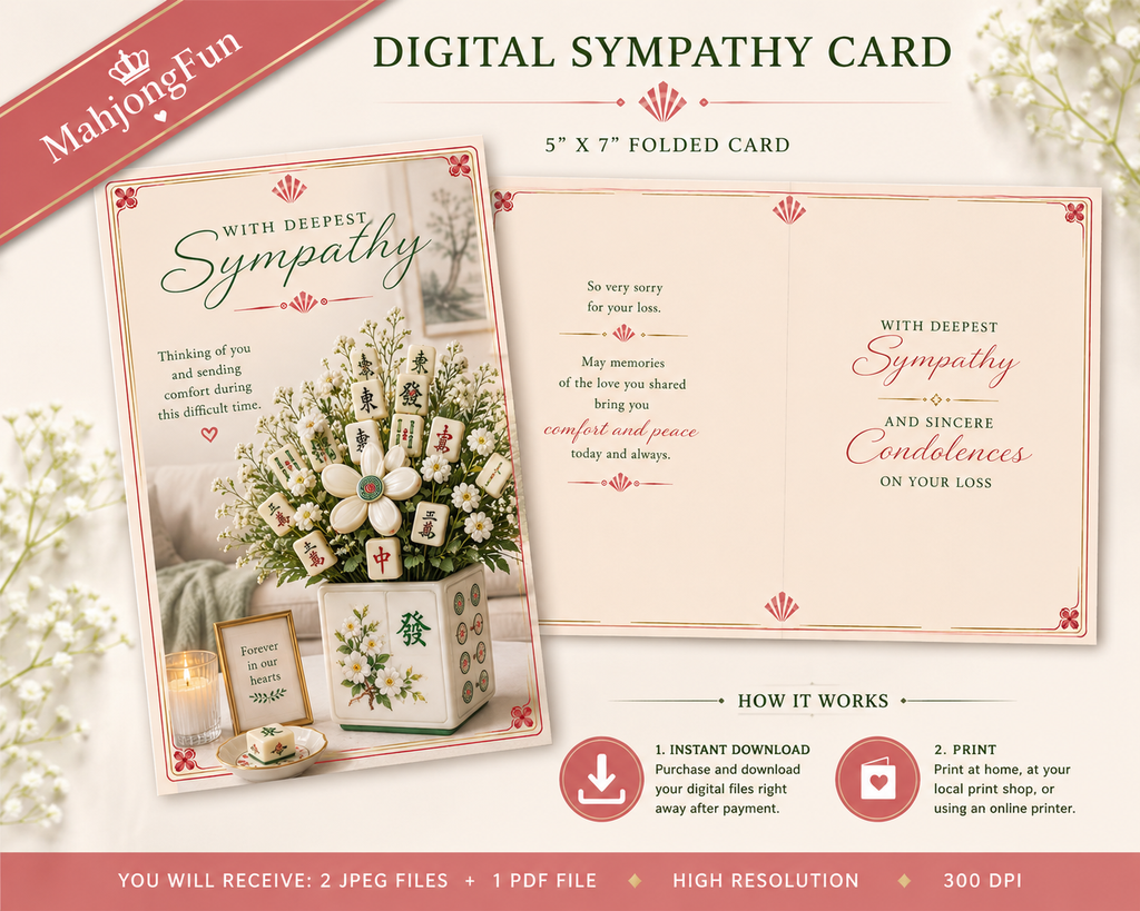 Digital sympathy card template preview with a folded card design, decorative floral background, and feature callouts for instant download and printing. The card design has a cream background with red and green text and floral accents.