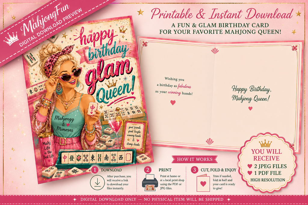 A promotional preview graphic for a printable instant download birthday card set themed around mahjong. The image shows a colorful illustrated card cover on the left, an open folded card design on the right, and informational text and badge overlays explaining that it is a printable & instant download, with a preview of the digital file.