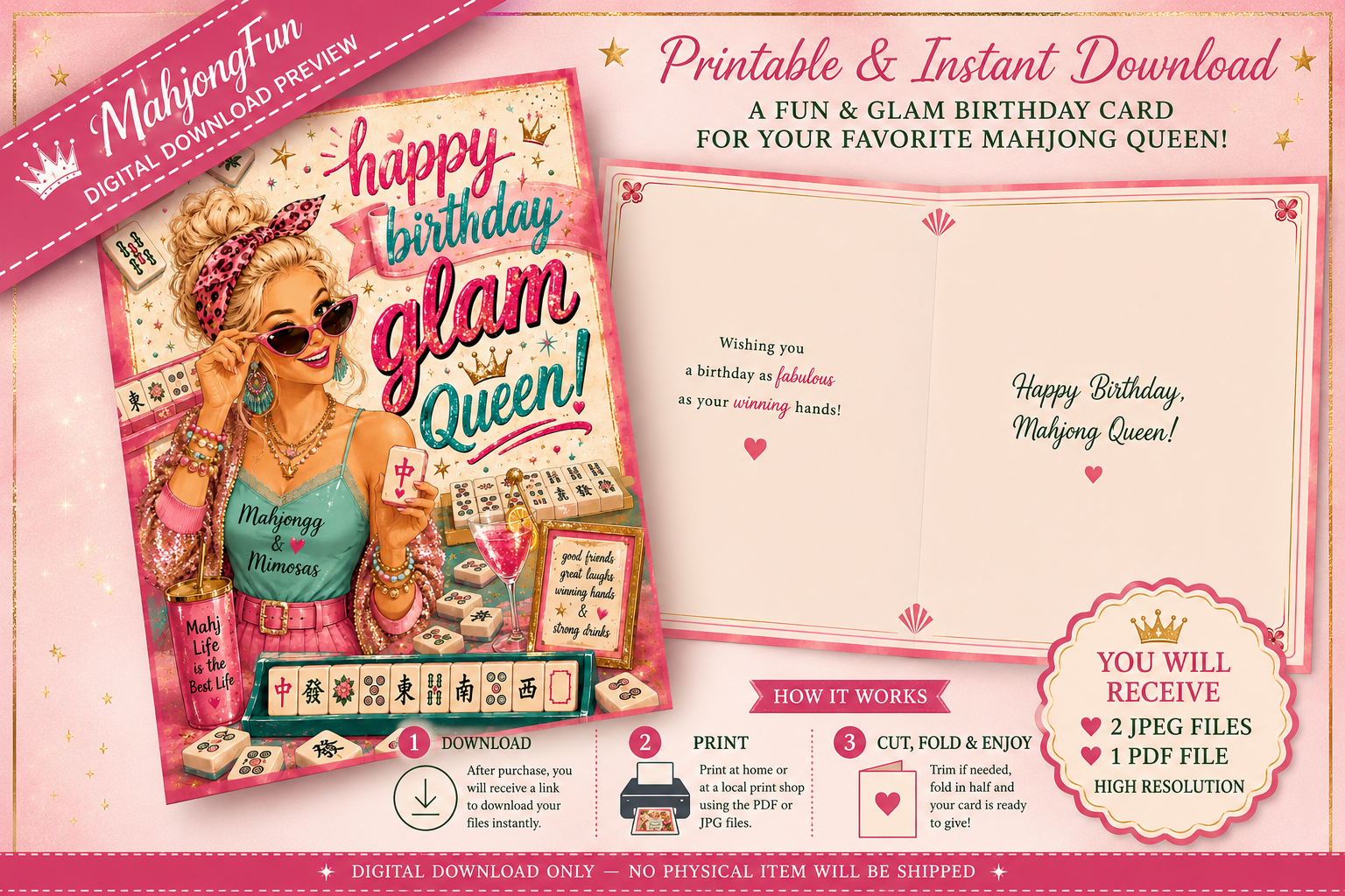 A promotional preview graphic for a printable instant download birthday card set themed around mahjong. The image shows a colorful illustrated card cover on the left, an open folded card design on the right, and informational text and badge overlays explaining that it is a printable & instant download, with a preview of the digital file.