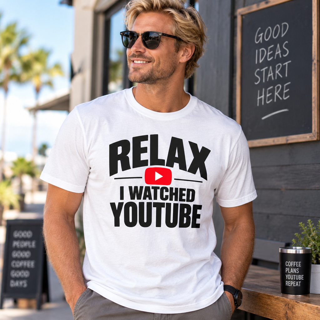 Favorite men’s white colored T-shirt with the words relax I watched YouTube