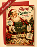 A festive Christmas mahjong-themed greeting card or poster featuring Santa Claus holding a mahjong case with tiles arranged around him, plus a red envelope behind it. The card includes decorative holiday text and illustrations, and a diagonal banner in the top left reads 'MatjongFun'.