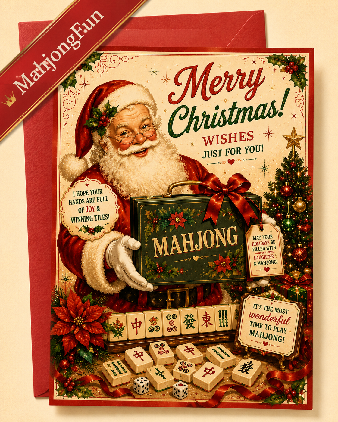 A festive Christmas mahjong-themed greeting card or poster featuring Santa Claus holding a mahjong case with tiles arranged around him, plus a red envelope behind it. The card includes decorative holiday text and illustrations, and a diagonal banner in the top left reads 'MatjongFun'.