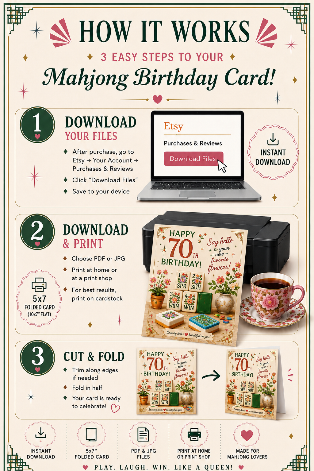 70th Mahjong Birthday Card Digital Download| Mahjong Flower Tiles