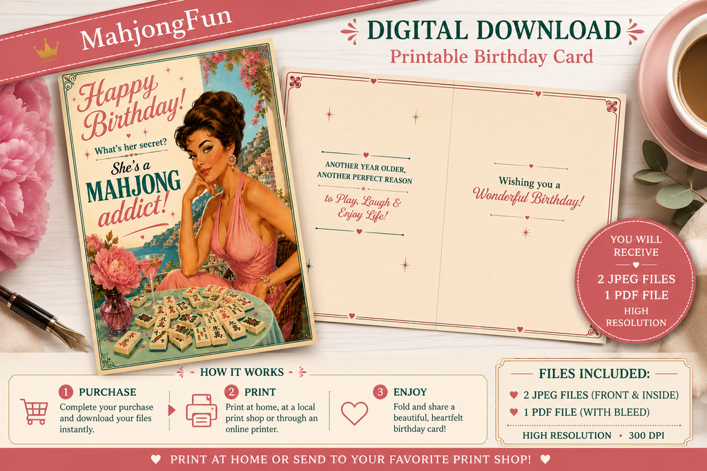 Digital printable birthday card template set by MahjongFun, featuring a vintage-style illustrated card and an open interior layout on a styled desktop background with a cup of tea, pen, and decorative elements.