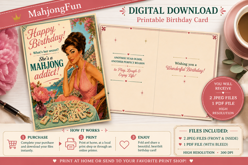 Digital printable birthday card template set by MahjongFun, featuring a vintage-style illustrated card and an open interior layout on a styled desktop background with a cup of tea, pen, and decorative elements.