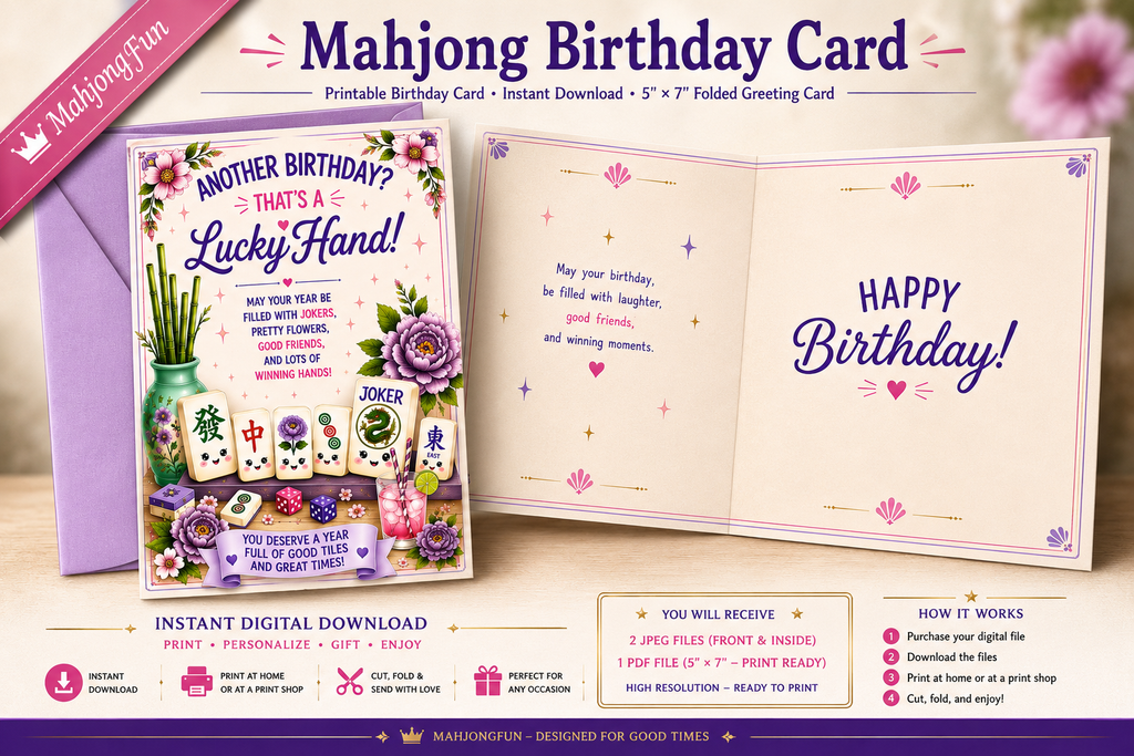 A birthday card and matching purple envelope shown on a white background. The card reads 'ANOTHER BIRTHDAY? THAT'S A Lucky Hand!' with floral and mahjong-inspired artwork, including playing cards, flowers, and a pink ribbon banner.