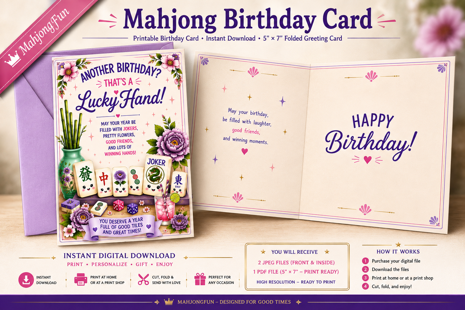 A birthday card and matching purple envelope shown on a white background. The card reads 'ANOTHER BIRTHDAY? THAT'S A Lucky Hand!' with floral and mahjong-inspired artwork, including playing cards, flowers, and a pink ribbon banner.