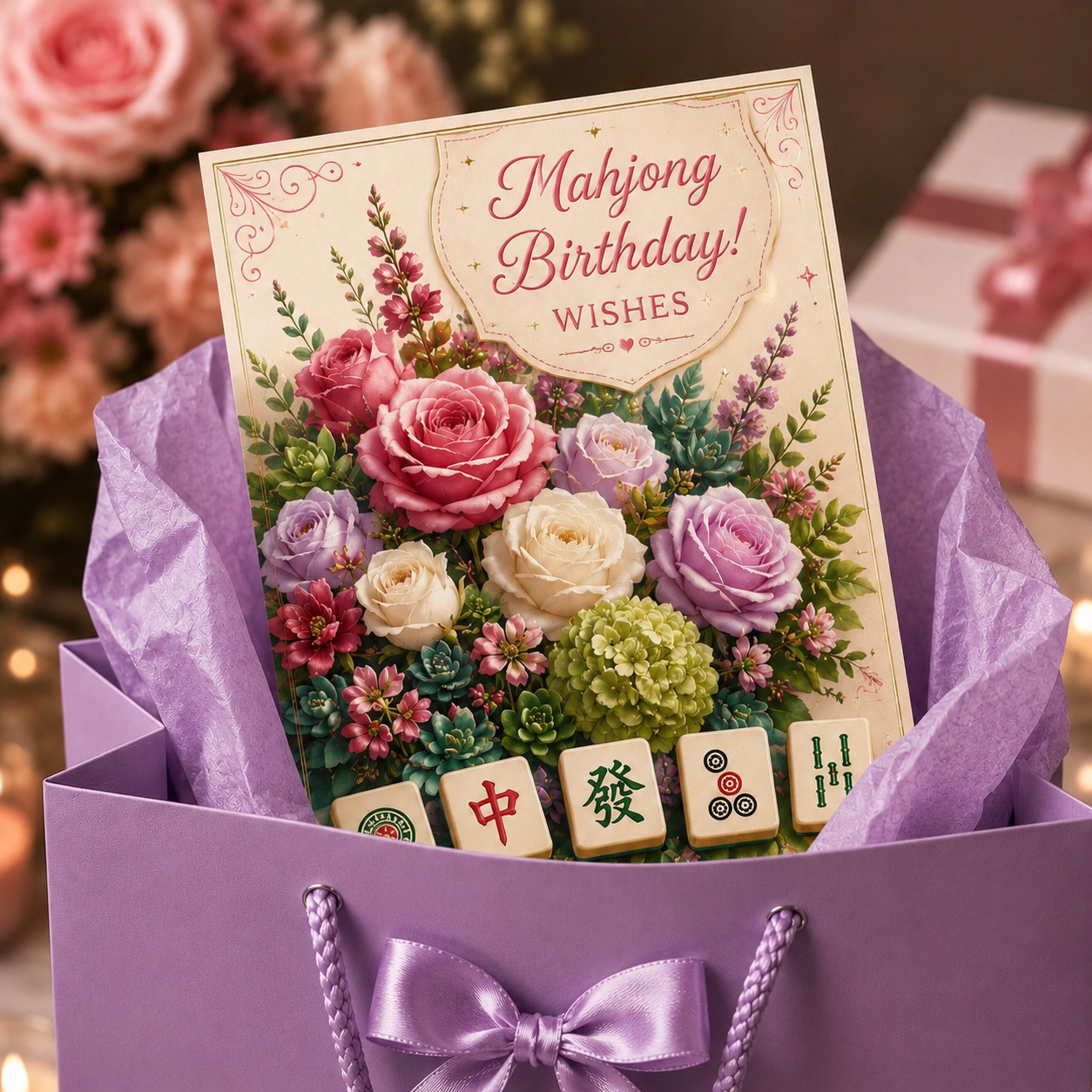 A Mahjong-themed birthday card nestled in a purple gift bag with tissue paper, surrounded by blurred pink flowers and a wrapped present in the background. The card reads 'Mahjong Birthday! Wishes' and features an illustrated bouquet of pink, purple, cream, and green flowers with four green-and-white mahjong tiles at the bottom.
