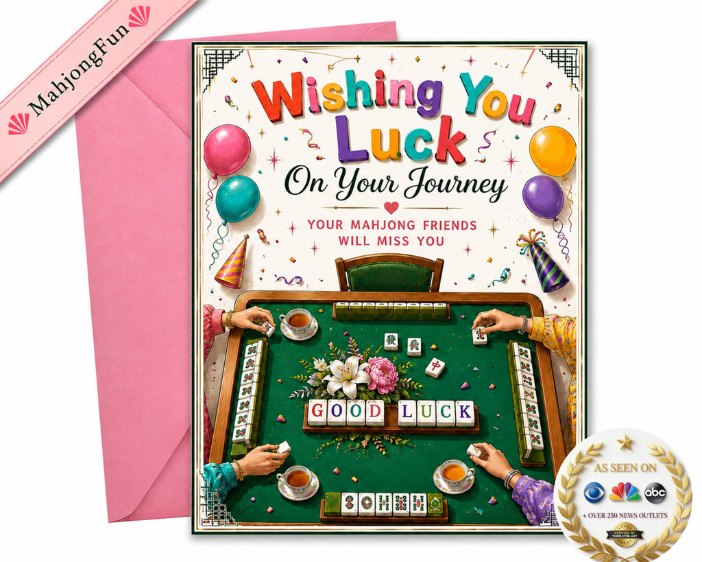 A Mahjong-themed greeting card with a pink envelope behind it, featuring colorful text reading 'Wishing You Luck On Your Journey' and an illustrated mahjong table scene. A pink ribbon in the corner reads 'MahjongFun', and a round badge says 'As seen on'.