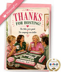 A square 'Thanks for Hosting!' greeting card featuring a retro illustration of four women playing mahjong. The card has a pink border, bold pink and black text, and a pink ribbon banner reading 'MahjongFun' in the top-left corner.