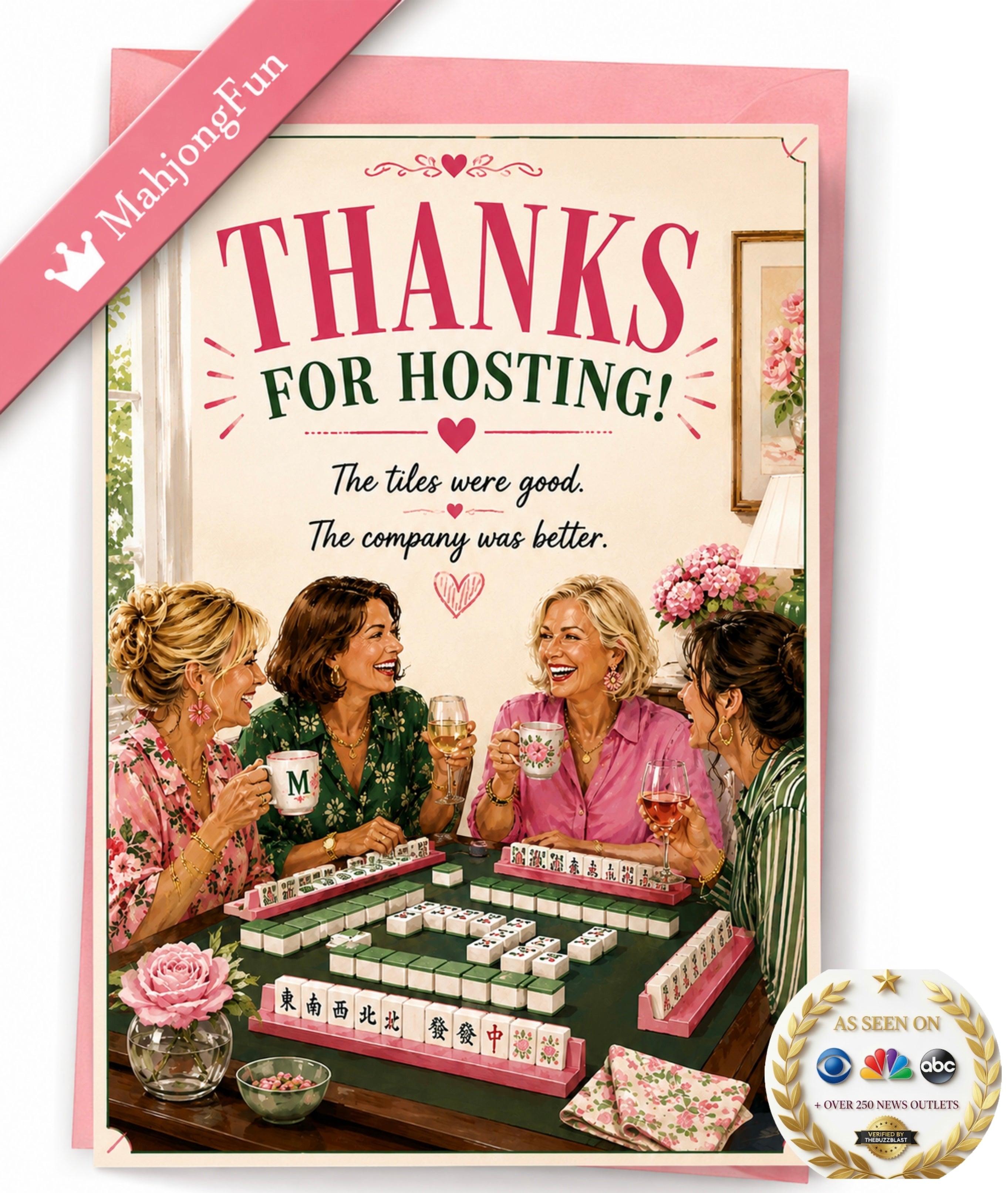A square 'Thanks for Hosting!' greeting card featuring a retro illustration of four women playing mahjong. The card has a pink border, bold pink and black text, and a pink ribbon banner reading 'MahjongFun' in the top-left corner.