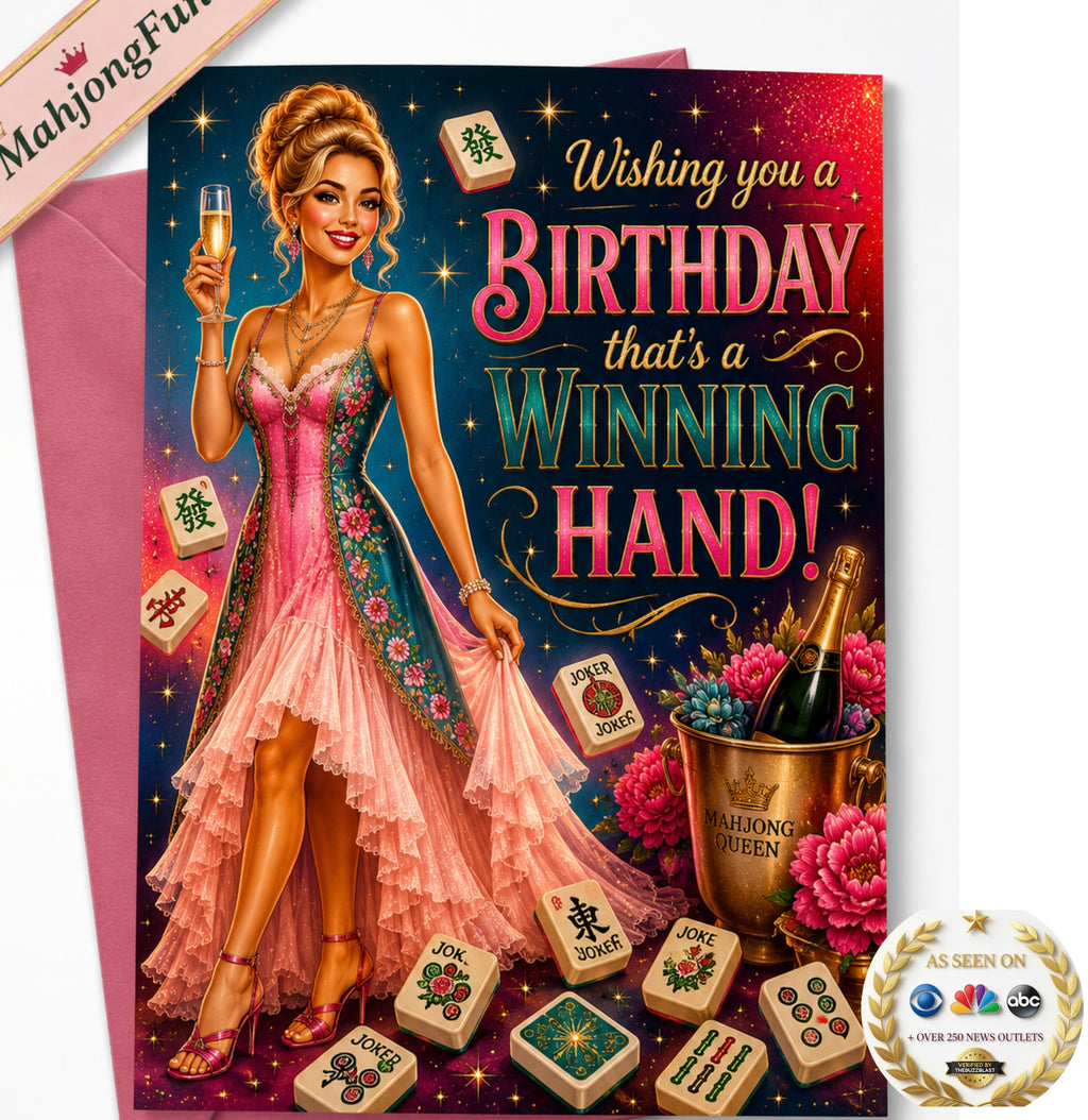 Celebrate your favorite Mahjong lover with a birthday card made especially for the woman who knows that a great day—just like a great Mahjong game—is all about getting the right tiles!

This glamorous printable Mahjong birthday card features a stylish Mahjong Queen, celebratory champagne, colorful Mahjong tiles, sparkling details, and the cheerful birthday message: